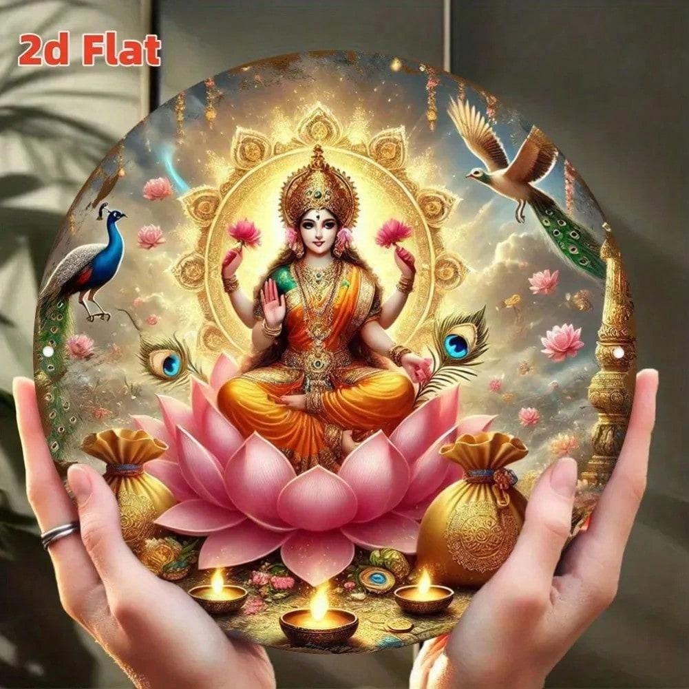 Metal Wall Art Hindu Goddess Lakshmi Decor Lotus Peacock Motif Temple Hotel Restaurant 20x20 разноцветный