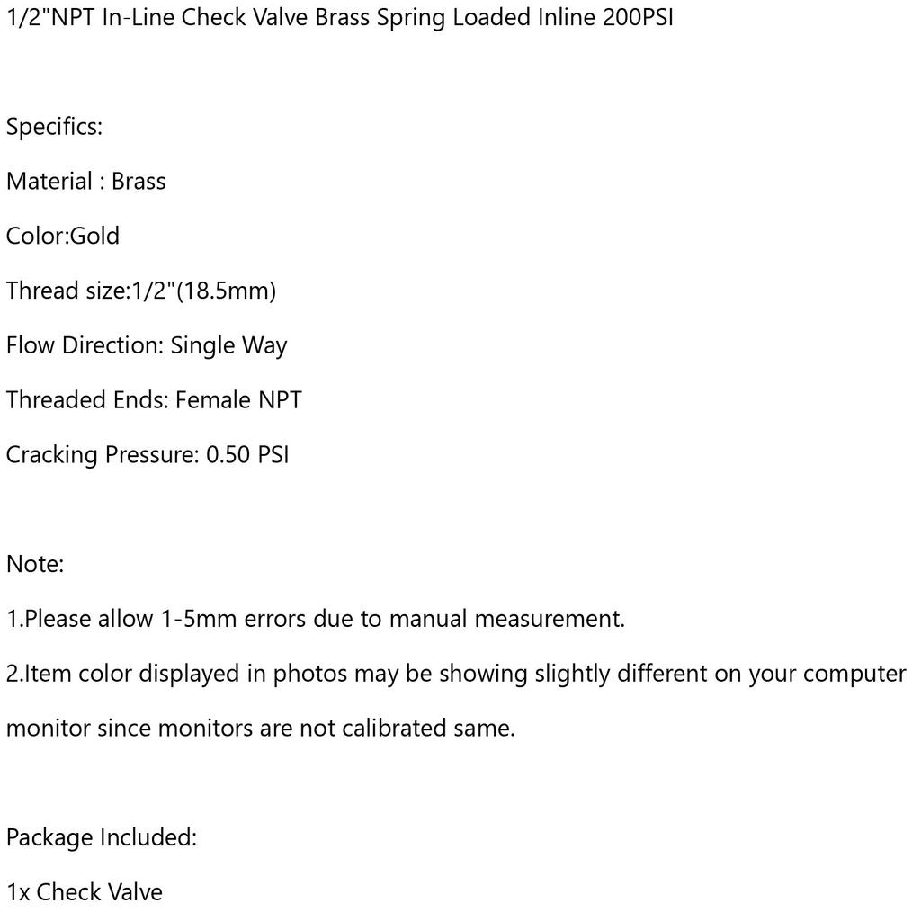 DN15 1/2" NPT In-Line Check Valve Brass Spring Loaded Inline 200PSI