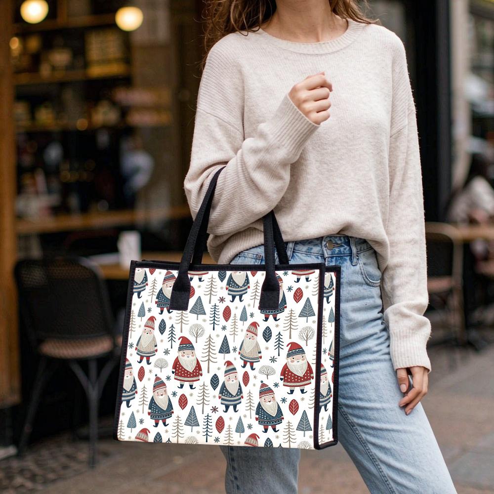 Christmas Gnome Pattern Canvas Tote Bag Reusable Daily Shopping Handbag Cute Casual Outdoor Portable Shoulder Bag