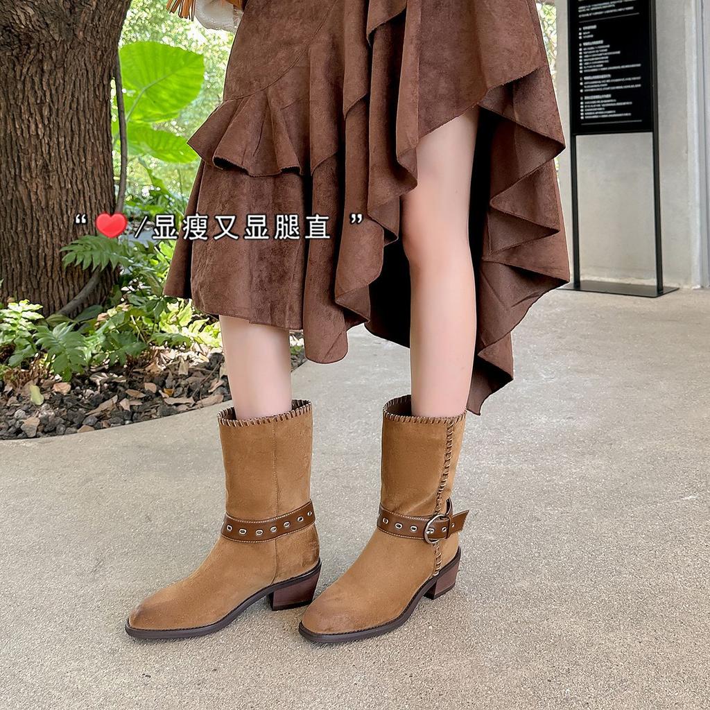 Cowhide~ Two Wear Western Boots New Pointed Belt Buckle Thick Heel Sleeve Short Boots Medium Boots European and American Women's Boots