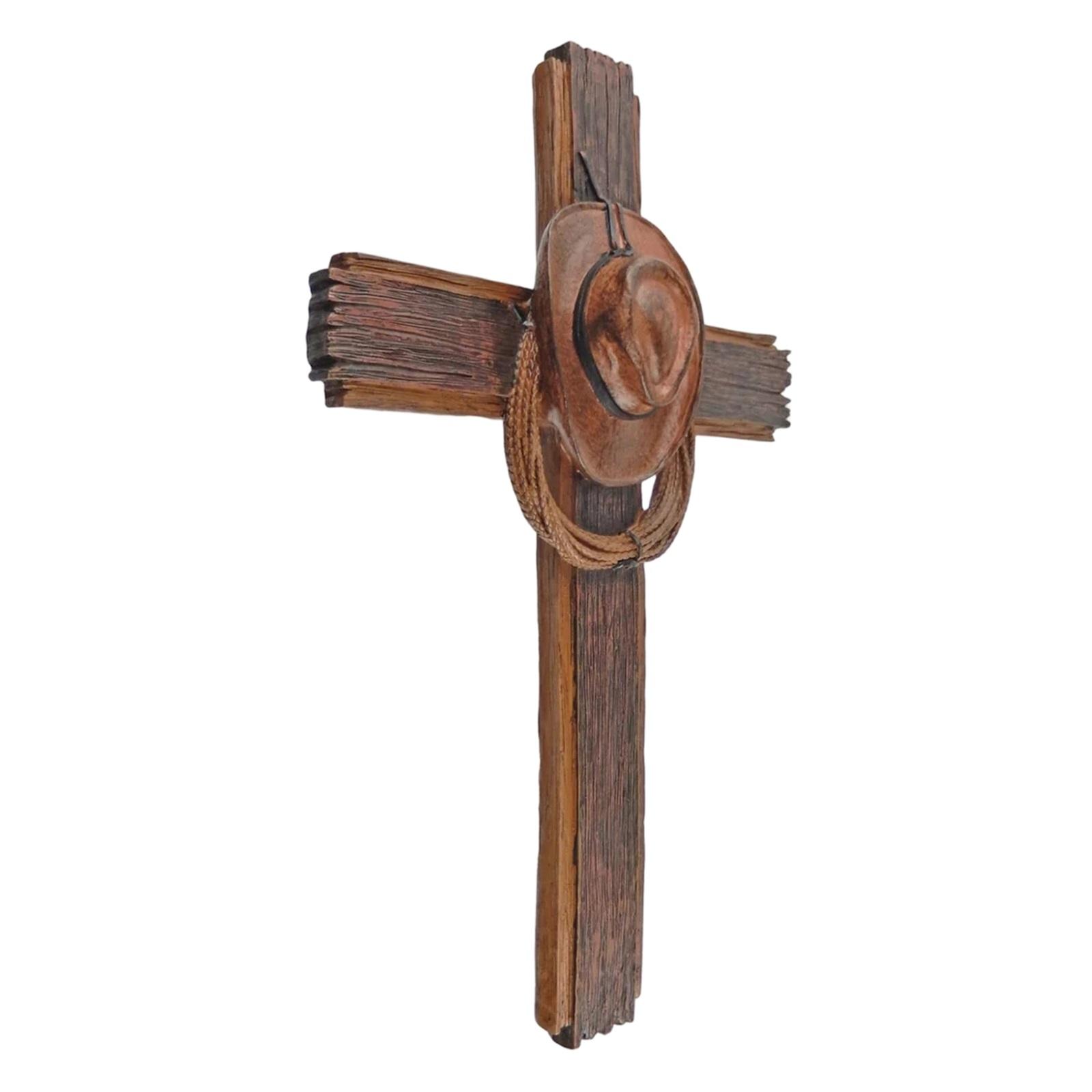 

Rustic Western Cowboy Hat and Rope Wall Decor Mounted on Wooden Cross for Country Style Interior Decoration One Size