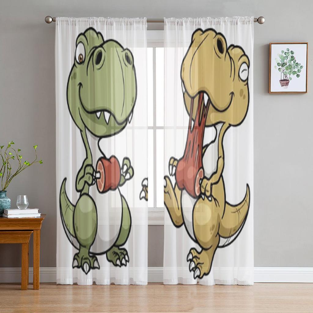Djurgrön dinosaurieväxt Tyll Skira fönstergardiner för vardagsrum Kök Barn Sovrum Voile Hänggardin