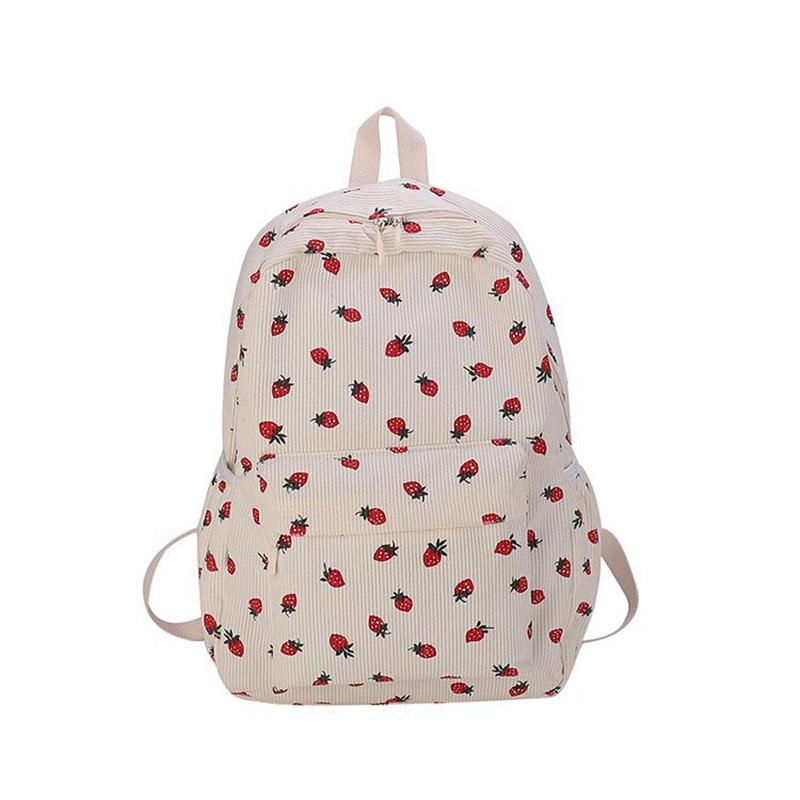 

SCIONE Свежий Литературный Ретро Вельветовый Студенческий Рюкзак Милый Принт Клубники Рюкзак для Девочки Вместительный Простой Износостойкий Рюкзак белый