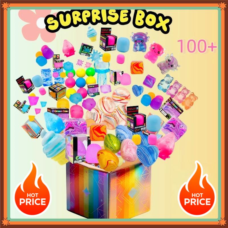 uu 100+Pcs Surprise Box Toys Novelty Stress Relief Assorted Squishy Figures Fun Mystery Fidget Stress Relief Surprise