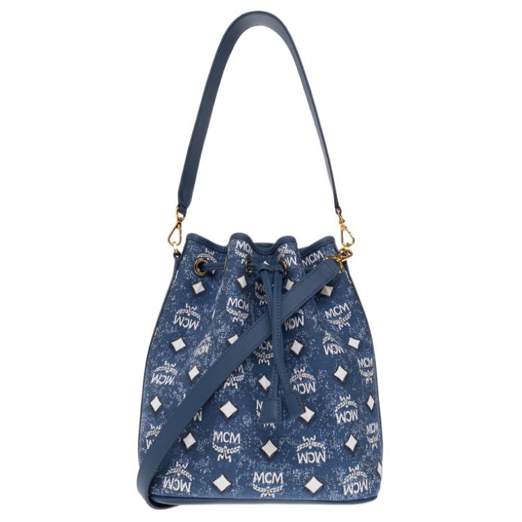 New MCM Denim Jacquard With Leather Bucket Bag, Portable Crossbody Bag, Shoulder Bag Medium Size Women's Blue MWDDSDU05LE001