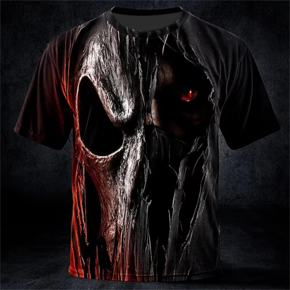 New Halloween Weird Skull Print Casual Crew Neck Short Sleeve Loose T-Shirt