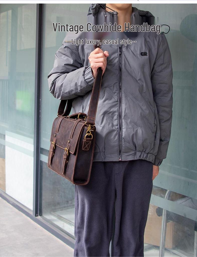 Genuine Crazy Horse Leather Men's Briefcase and Crossbody Bag