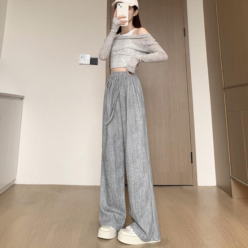 Retro lazy wind striped wide-leg sports casual pants women's spring and autumn new pleated texture design mopping pants