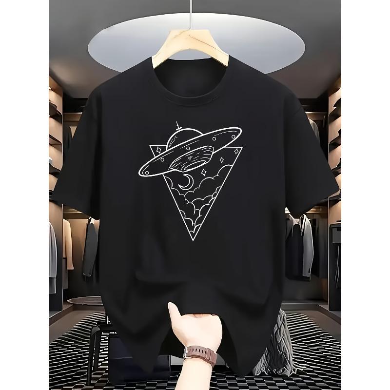

European Size White Short-Sleeve T-Shirt with Geometric Triangle Pattern Featuring UFOs, Clouds, Moon, and More 4XL чорний