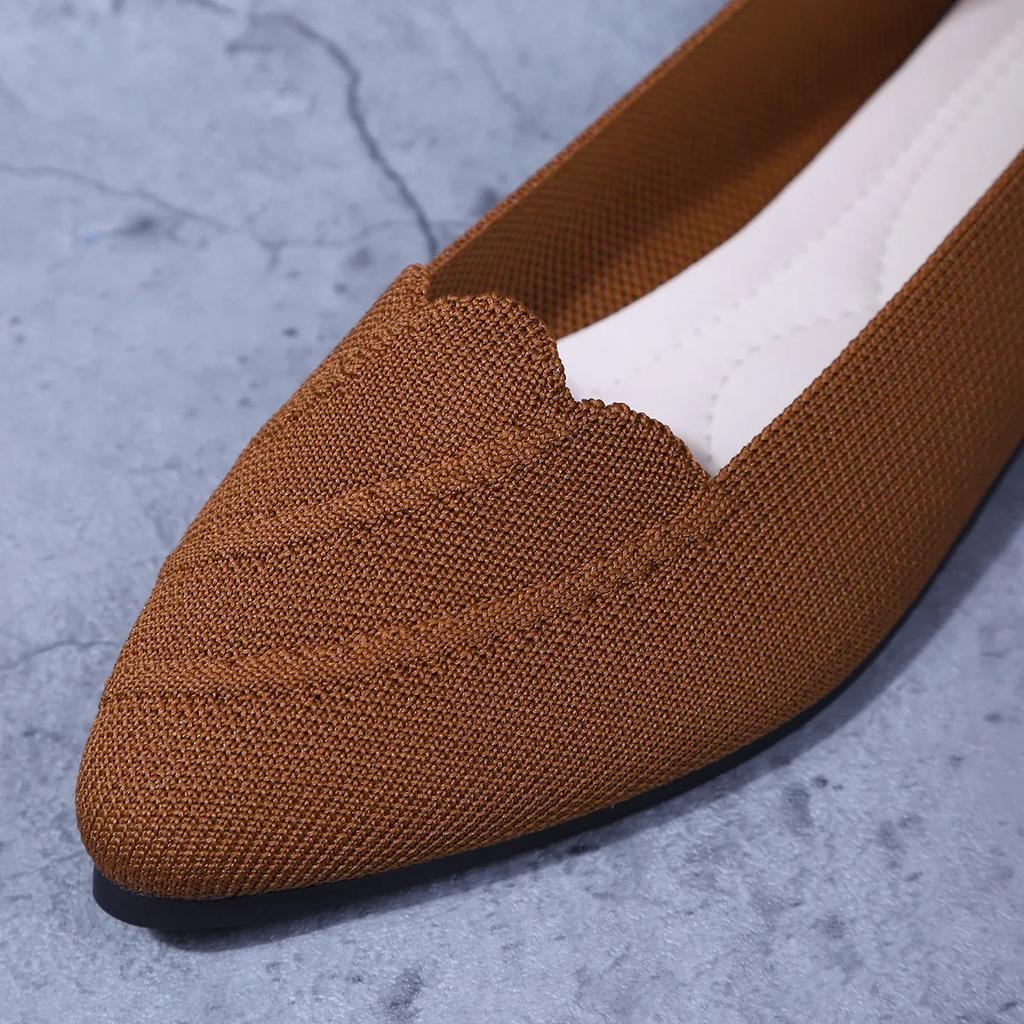 Fashion Women's Casual Flat Knitted Hollow Out Work Shoes Pure Color Pointed Toe Breathable Slip-On Shoes Comfortable Summer Shoes