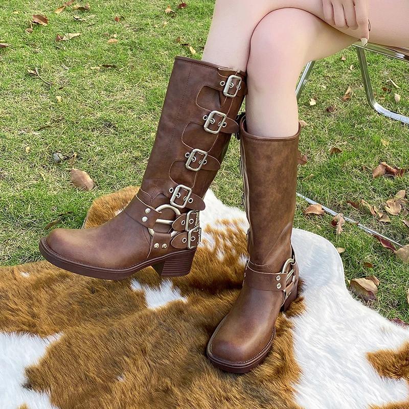 Fashion Fashion 2025 Belt Buckle Women's Boots New Metal Decoration Modern Boots Women Winter Rome Retro Best Seller Knee-High Boots