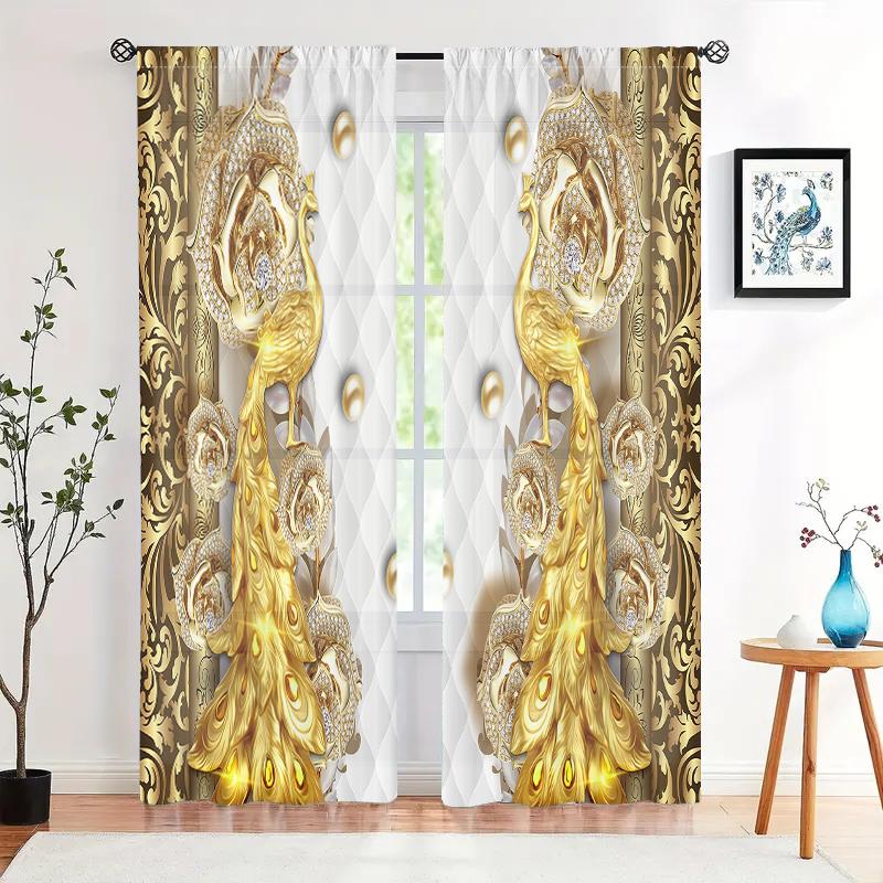 2 Stück, goldene Pfauenvorhänge – Stangentasche, halbverdunkelnd – perfekt für Wohnzimmer, Schlafzimmer, Küche, Heimdekoration