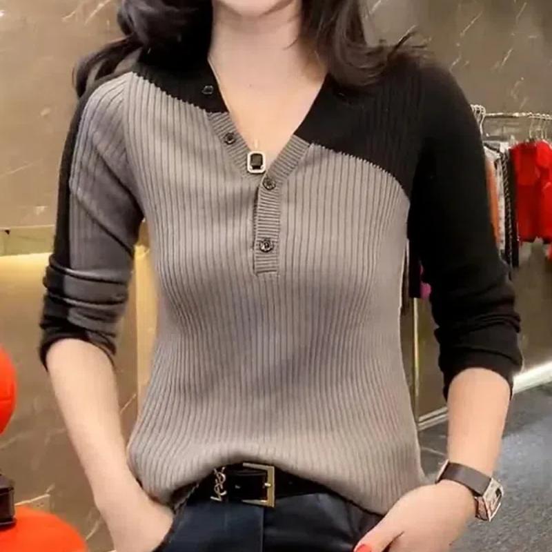 Spring Autumn New Fashion V-neck Long Sleeve Women's Pullovers Patchwork Color Blocking Knit Bottoming Shirt