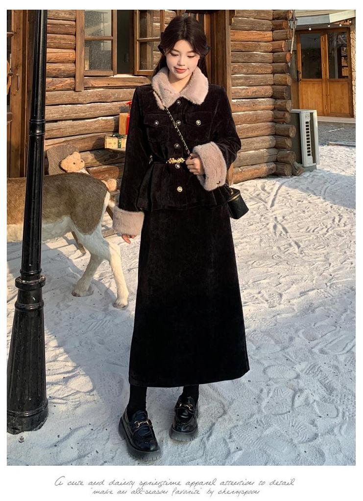 2025 Winter Women's Plus Size Slimming Fur Collar Jacket & Belted Skirt Set