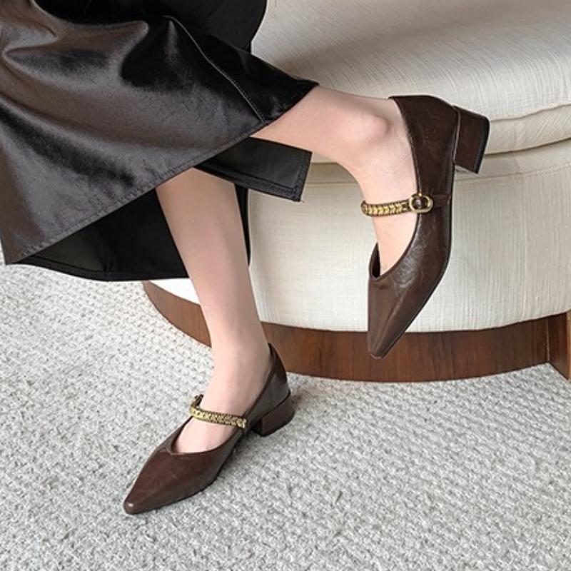 Fashion 2025 New Retro Pointed Toe Mary Jane Oes Women's Low Heel Bule Strap Slip-On Faionable Korean  Flat  Rubber Sole