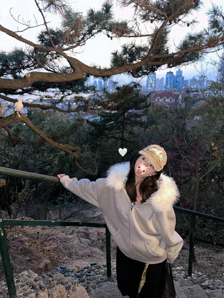 Women's Grey Fur Collar Fleece-Lined Hoodie, Korean Style, Small Size, 2025 Autumn/Winter Collection.