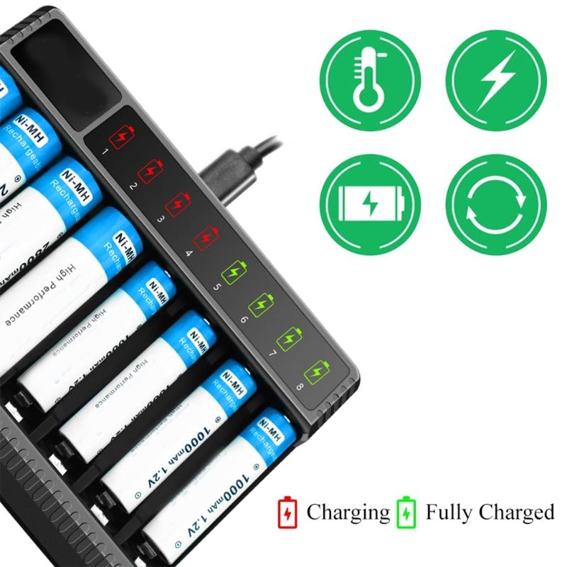 8 Bay AA AAA Battery Charger LCD USB C High-Speed Charging Independent Slot for NiMH NiCD Rechargeable Batteries