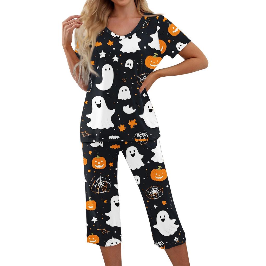 Dvoudílné soupravy pro ženy Krátký rukáv Top a Kalhoty s kapsami Cvičení Měkké Halloweenský potisk Soupravy