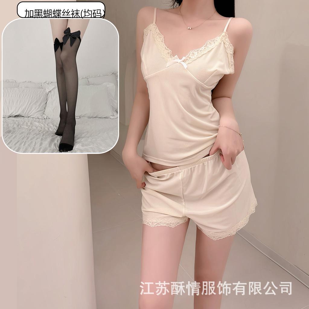 Crispy pajamas women's spring and summer girls' pure desire suspender shorts lace flower sexy pink loungewear set