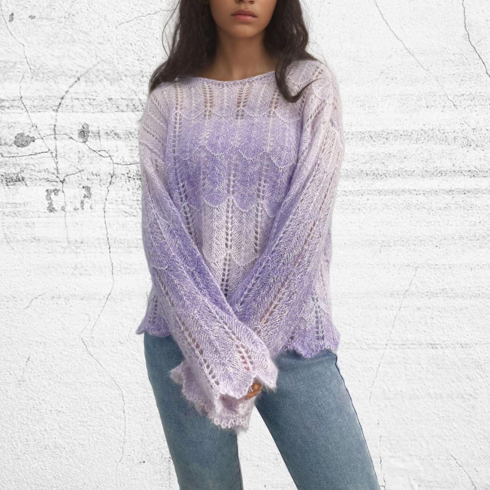 

Женский модный свитер с расклешенными рукавами и радужным узором, свободный трикотажный свитер с вырезом в виде буквы S фиолетовый