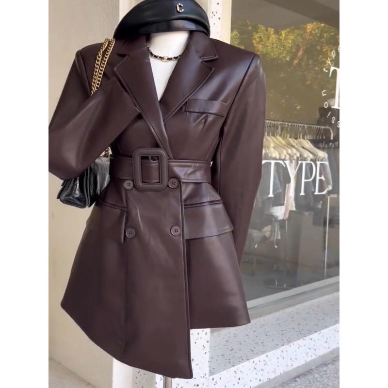 Dámska Khaki Retro Kožená Bunda - Yuppie Štýl, High-End, Zúžená v Pás, Jesenný Trend