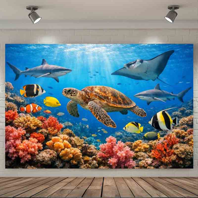 Underwater World Sea Turtle Shark Coral Photography Backdrop Ocean Marine Animal Kids Birthday Party Photo Background De