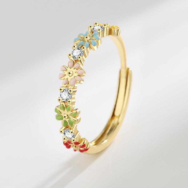 

2026 Temperament Micro-inlaid Zircon Flower Ring, Sweet and Cute Five-color Daisy Epoxy Flower Versatile Ring Woman Resizable