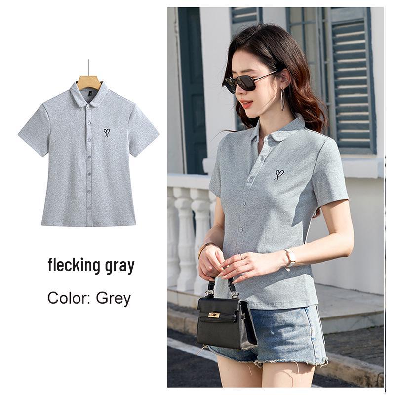 

2026 Spring Women s Casual Embroidered Short Sleeve Solid Color Button-Up Shirt M