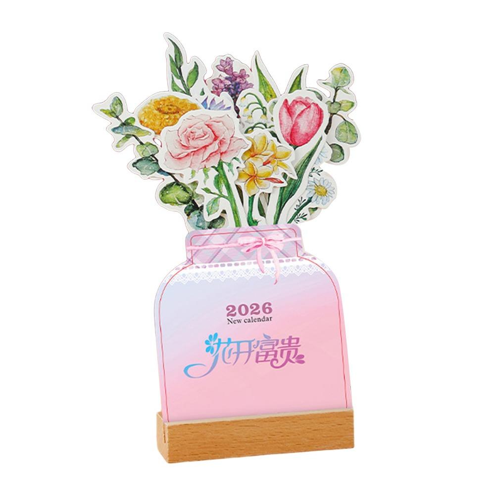 Wooden Base 2026 Desktop Calendar Detachable Base Vase Shaped Bloomy Flowers Desk Calendar DIY Floral Theme Standing Calendar