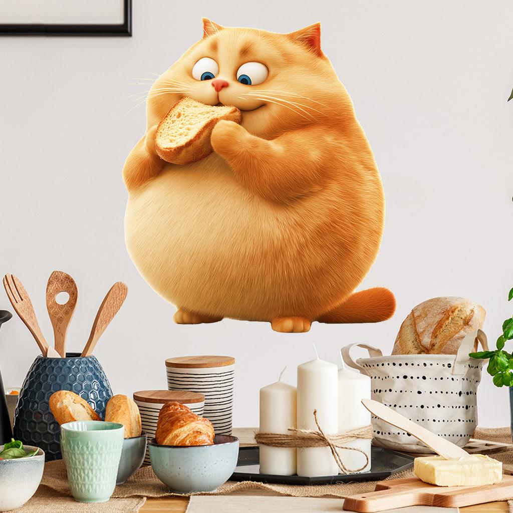 Verspielter dicker Katze isst Brot Wandaufkleber Selbstklebend Abnehmbare Decals für Kinderzimmer Kinderzimmer Wanddeko