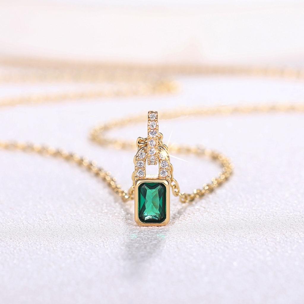 Emerald Green Lock Pendant Necklace with Micro Pave Accents