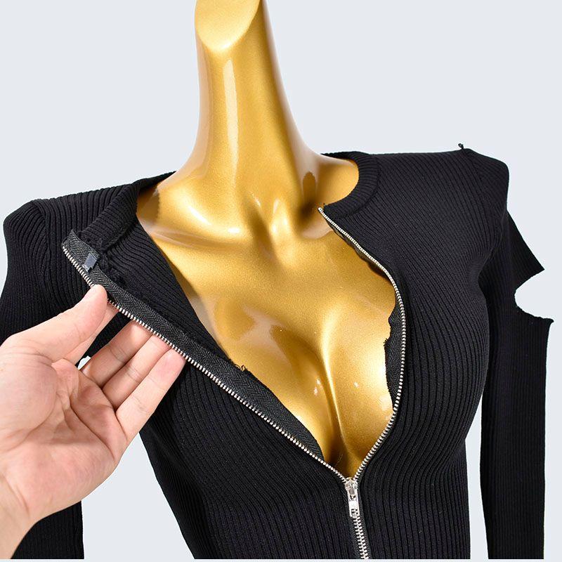 Round Neck Zipper Short Tight Long Sleeves Broken Sleeve Stylish Solid Color Rib Fabric Knitting Tops Women's Clothing Cardigan Spring Women