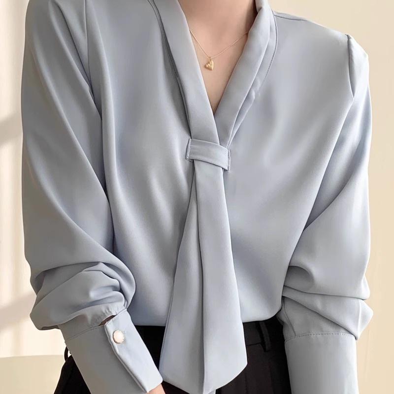 2025 Spring/Autumn Women's Chiffon Blouse: Elegant White Shirt with Flowing Ribbon for Professional and Interview Wear