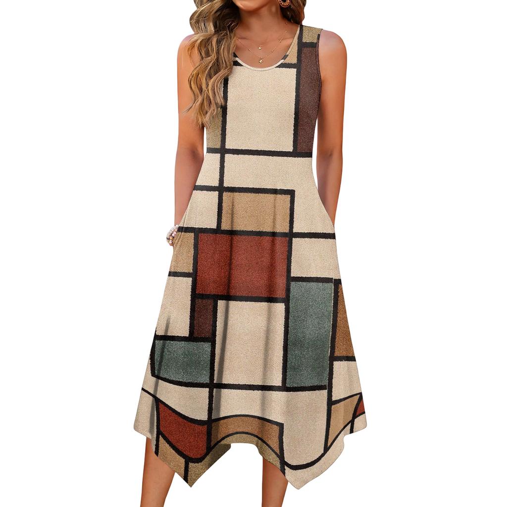 Damen Freizeitkleid für den Sommer, Tankkleid, lockeres Strandkleid mit Taschen, ausgestelltes Midi-Sommerkleid