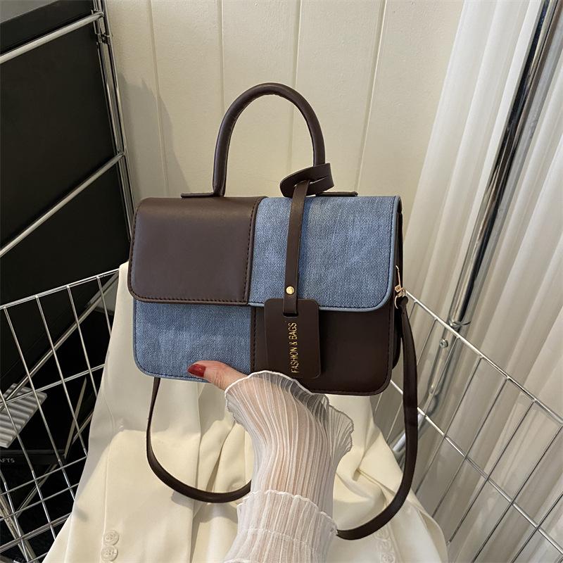 Popular fashion splicing handbag 2025 commuter shoulder messenger bag small square bag