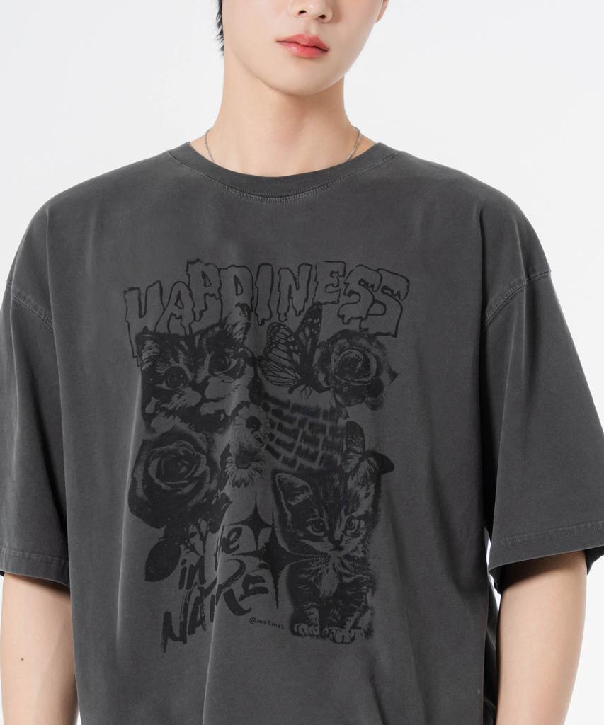 MOZMOZ Happy Cat Oversized Pigment Short Sleeve T-Shirt Charcoal