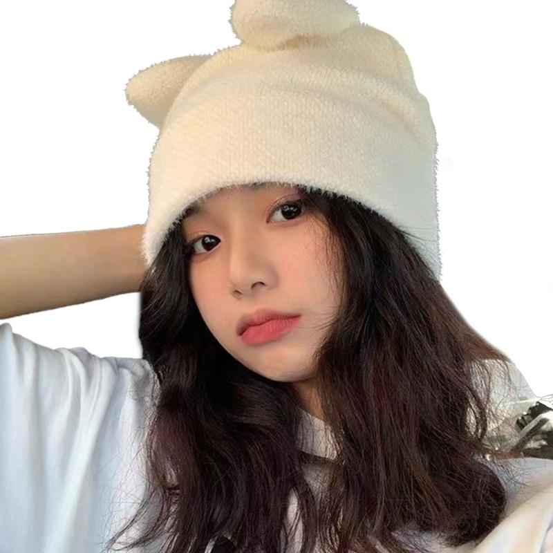 

Cartoon Bunny Ear Shape Skiing Hat Solid Color Furry Hats for Women Ear Protects вершковий/білий