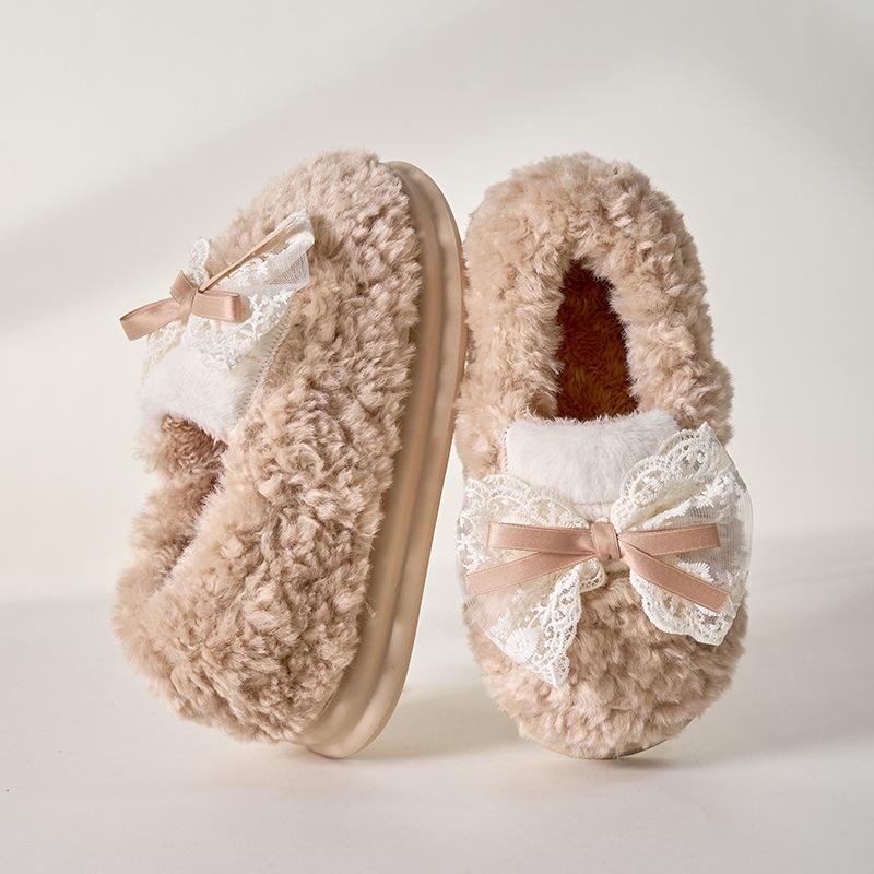 Bow cotton slippers female cute autumn and winter new home warm thick bottom ladies couple household fluffy slippers