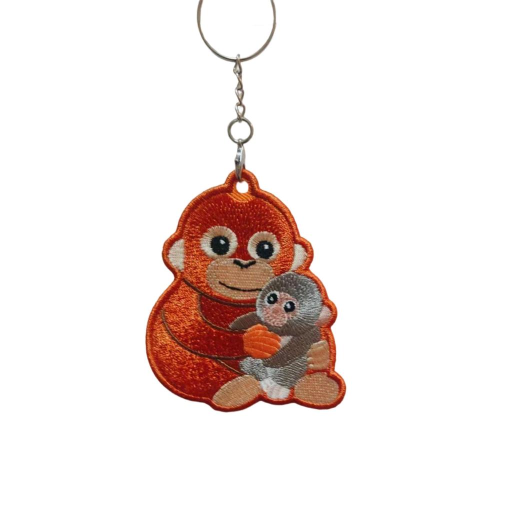 Embroidered Monkey and Baby Keychain with Metal Split Ring Durable Fabric Design for Bag Accessory or Key Holder Gift Idea