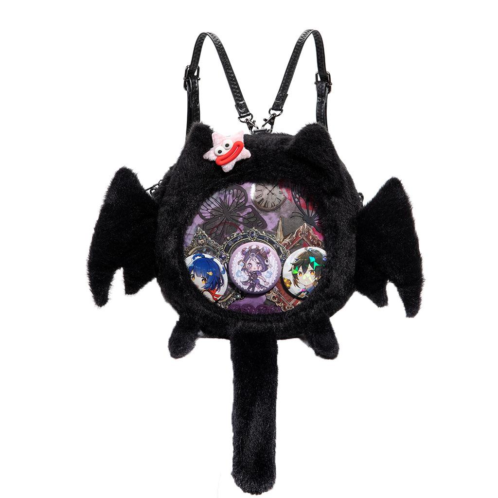 Gothic Bat Wing Plush Cat Ita Bag, Black Fuzzy Crossbody Backpack with Clear Window, Kawaii Dark Lolita Shoulder Bag