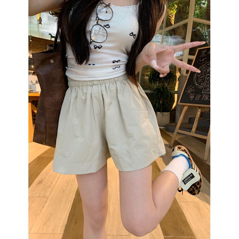 

Kumikumi Эластичная талия Однотонные Повседневные брюки Шорты Женские Летние Свободные Стройнящие Широкие брюки Клеш На каждый день Прямые брюки Apricot color L