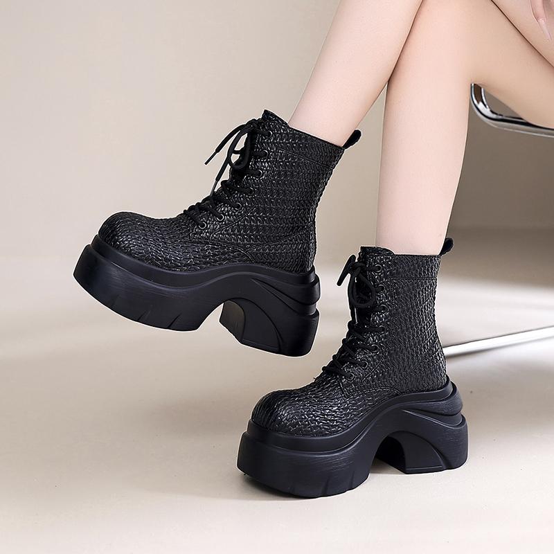 Fashion 9CM Women's Chunky Motorcycle Boots Autumn Hidden Heels Leather Sneakers Winter Heels Platform Boots Weave Mid-calf Boots Woman