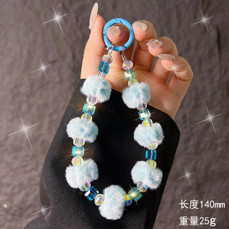 

Autumn Winter New Style Pom Pom Crystal Phone Chain Short Phone Strap Wrist Steel Wire Rope Chain Keychain Pendant 【Blue】Crystal Square