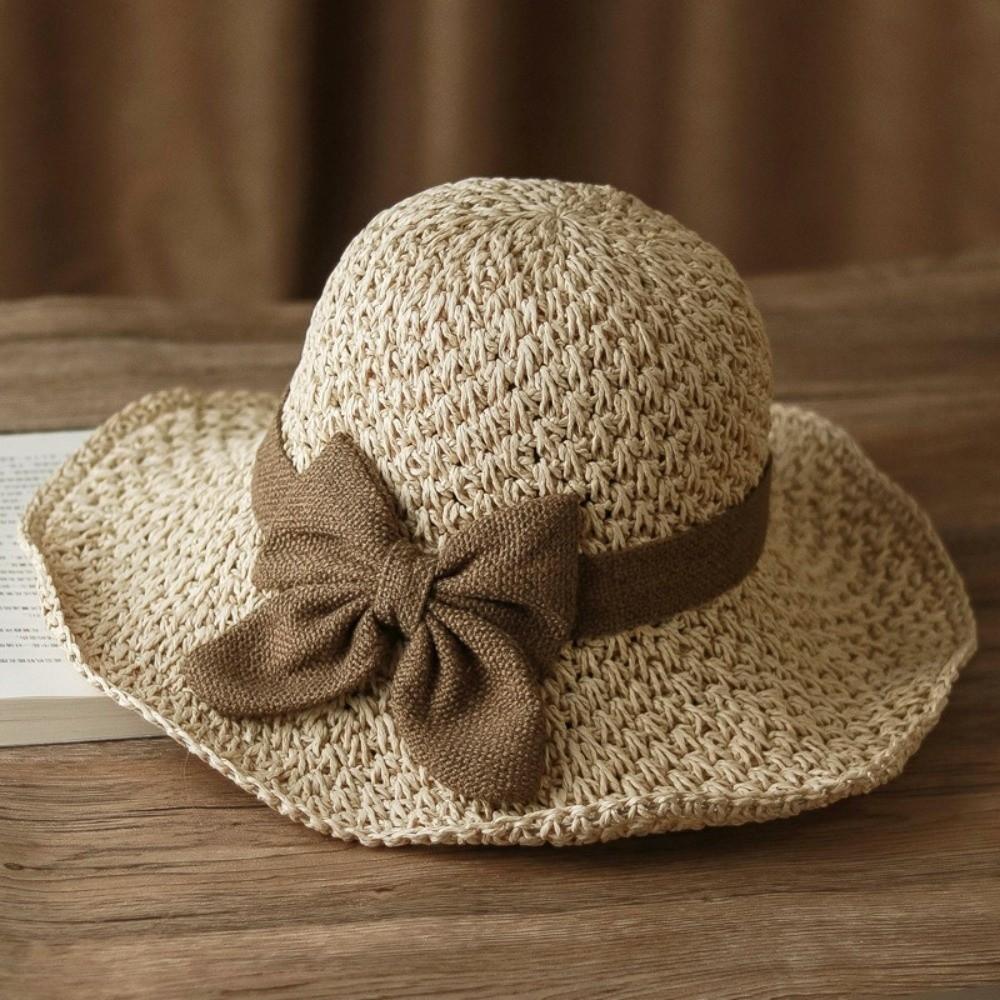Vintage Atmungsaktiver Geflochtener Strohhut Faltbar mit Schleife Strandkappe Breitere Krempe UV-Schutz Sonnenschutzhut Damen
