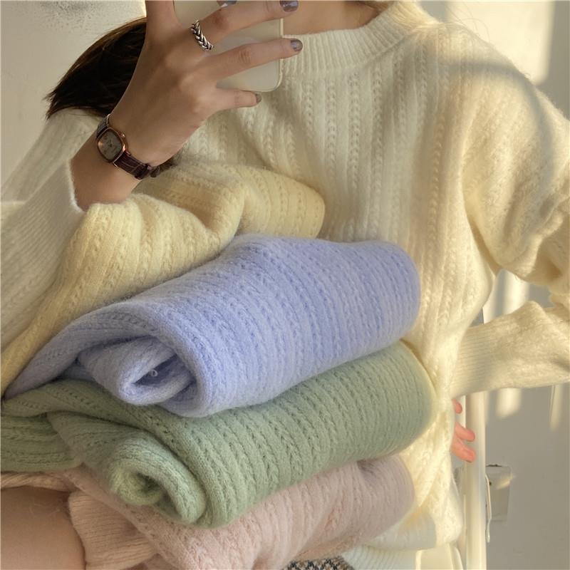 Mjuk stil på hösten och vintern Lösstickad tröja med lång ärm Damtröja Damstil Enfärgad tröja