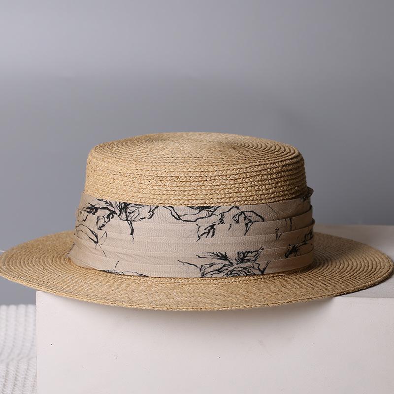 Wide Brim French Straw Hats for Women 2026 Luxury Ink Painted Ribbon Sunshade Hat Elegant Flat Top Beach Holiday Boater Cap Lady