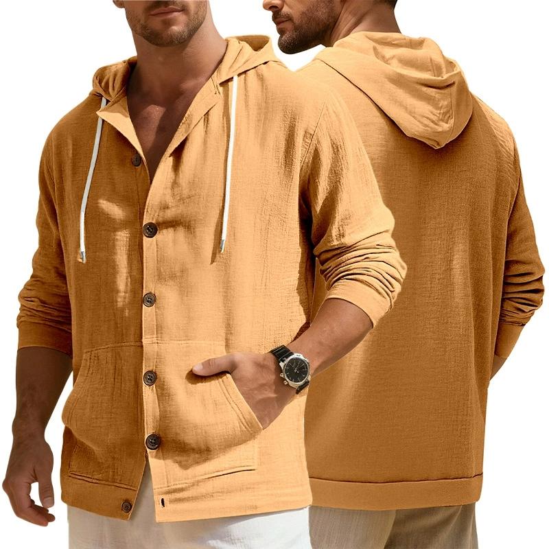 Men's Linen Shirt Solid Streetwear Long Sleeve Hoodie Cardigan Clothing for Men Button Tops Casual Loose Men Hooded Shirt
