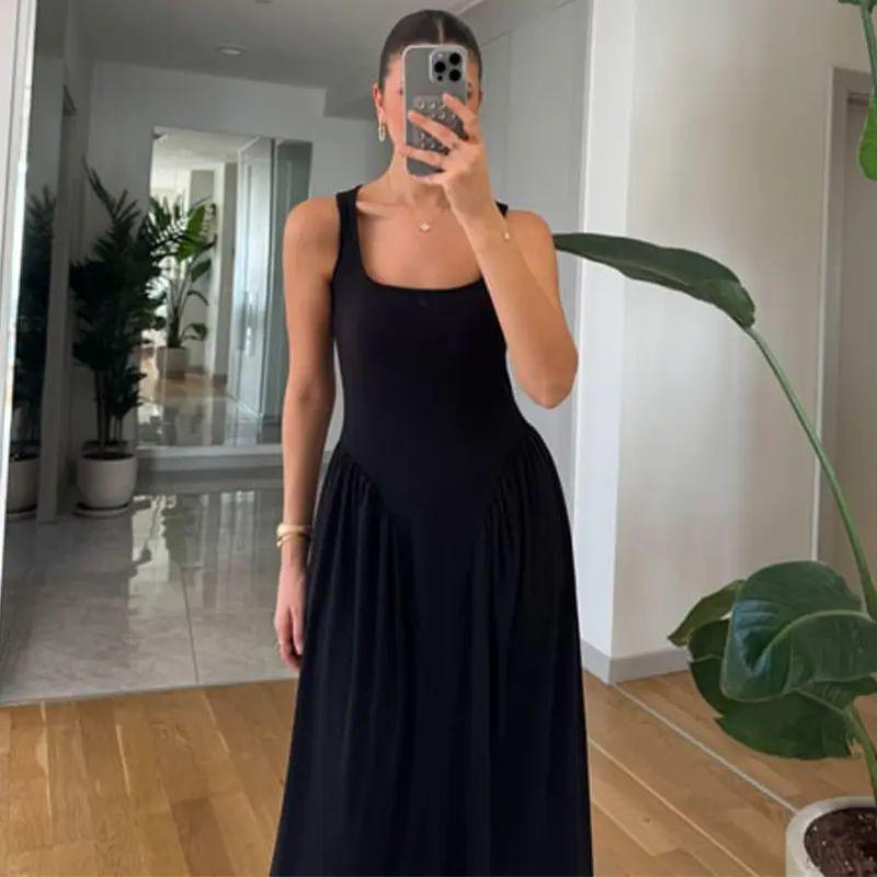 European and American New Women Clothes Square Collar Sexy Sleeve Pleat Temperament Slim Dress Sexy Slim Fit Dress