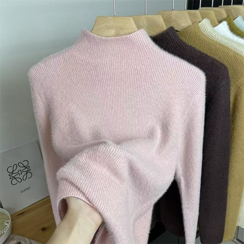 

Утепленный свитер с высоким воротом для женщин Стильный пуловер для осени и зимы Вязаный базовый свитер-слой для женского топа 2XL розовый