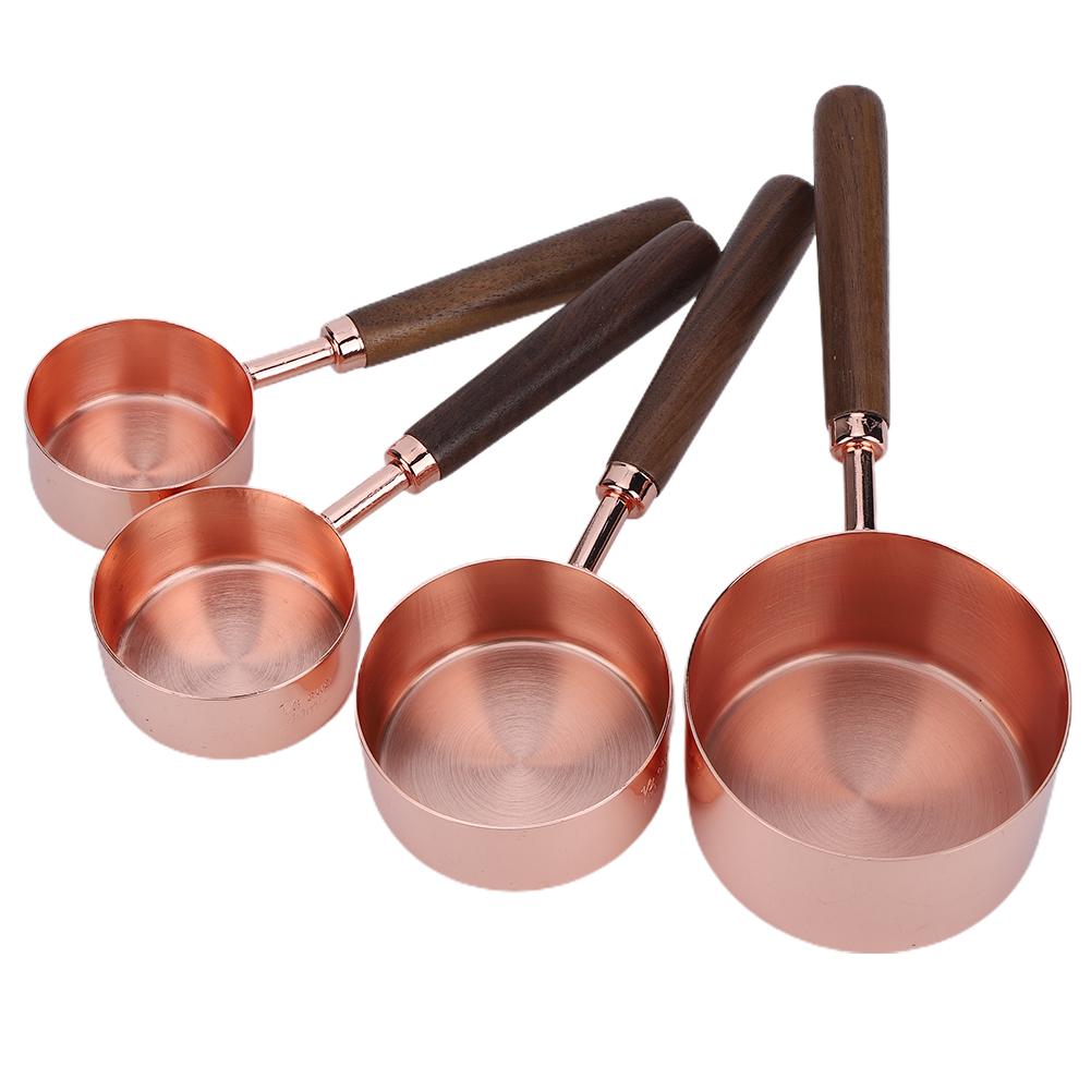 4PCS Set Rose Gold Measuring Cup Spoon with Scale Thickened Wooden Handle Home Baking Tool